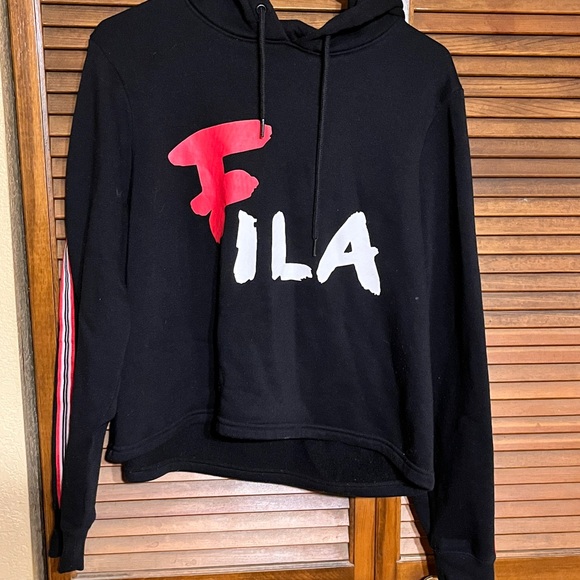 Fila Tops - Fila Women's Black Hoodie with Red and White Logo Large